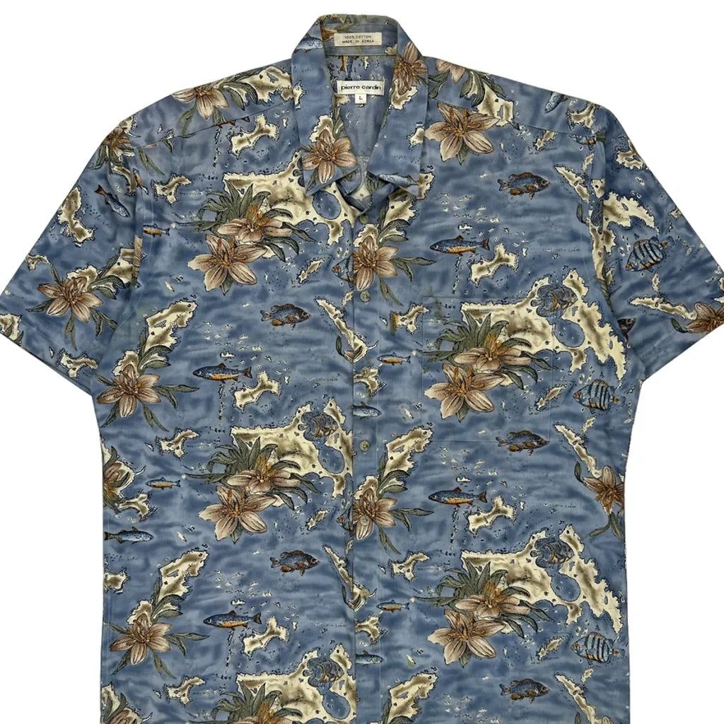 Pierre Cardin Floral Hawaiian Shirt - Large Blue Cotton