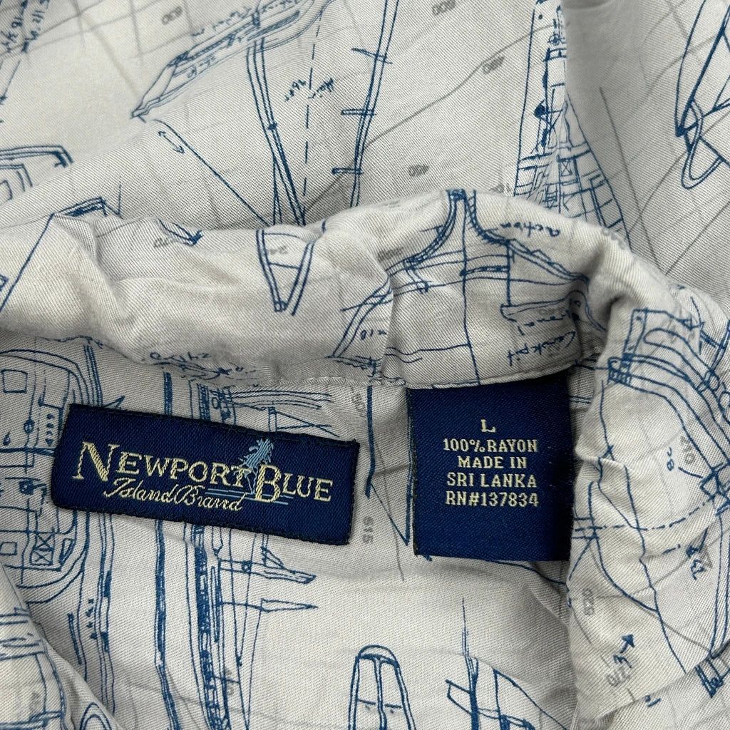 Newport Blue Graphic Hawaiian Shirt - Large White Viscose