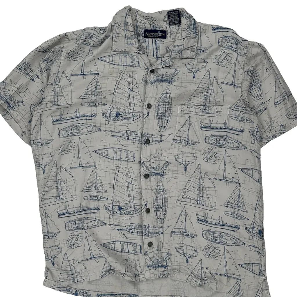 Newport Blue Graphic Hawaiian Shirt - Large White Viscose