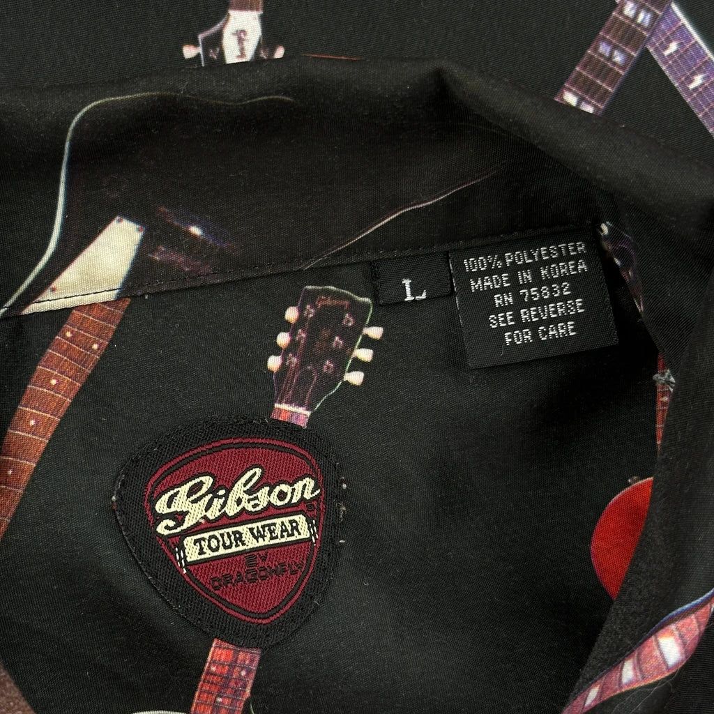 Guitar Print Gibson Tour Wear Graphic Hawaiian Shirt - Large Black Polyester