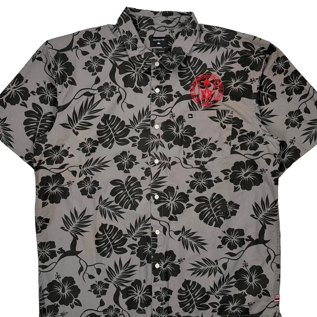 Quiksilver Floral Hawaiian Shirt - XL Grey Cotton