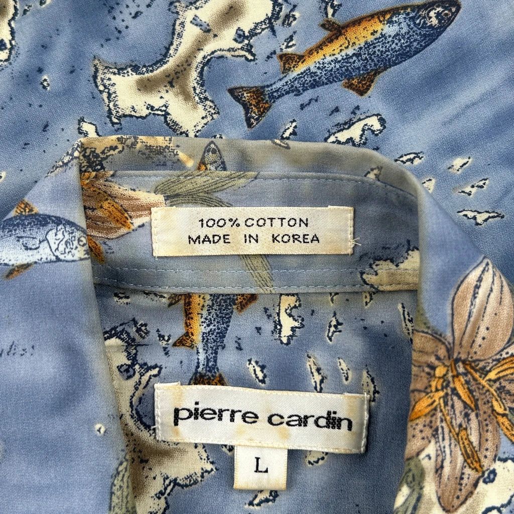 Pierre Cardin Floral Hawaiian Shirt - Large Blue Cotton