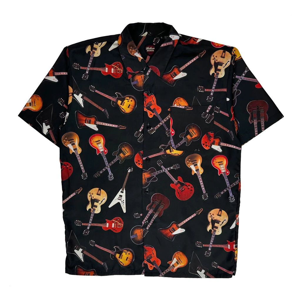 Guitar Print Gibson Tour Wear Graphic Hawaiian Shirt - Large Black Polyester