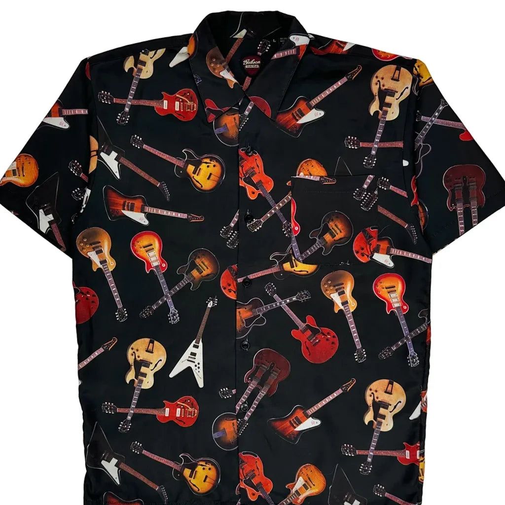 Guitar Print Gibson Tour Wear Graphic Hawaiian Shirt - Large Black Polyester