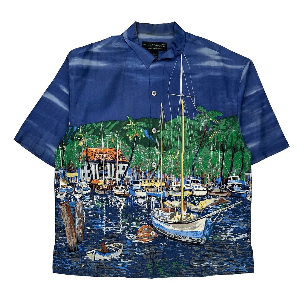 Unbranded Graphic Hawaiian Shirt - Large Blue Silk
