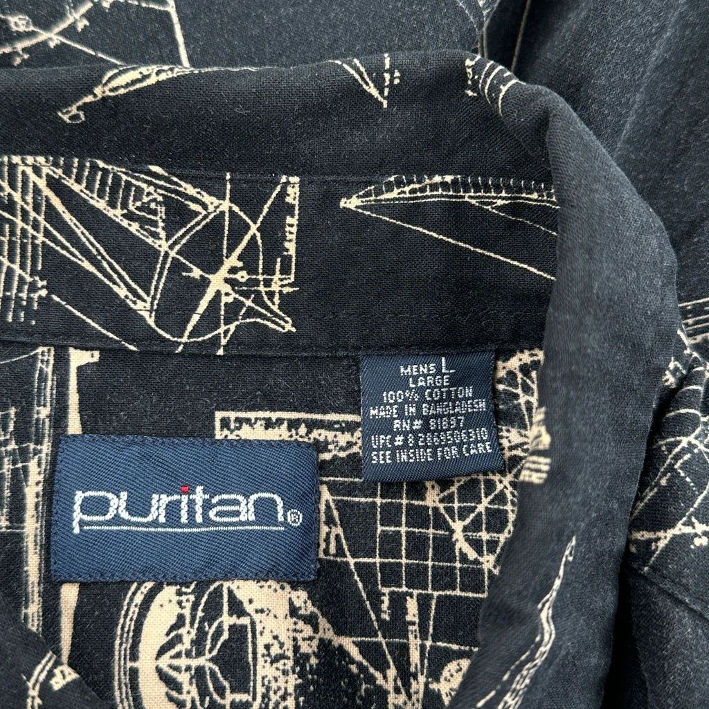 Nautical Print Puritan Graphic Hawaiian Shirt - Large Black Cotton
