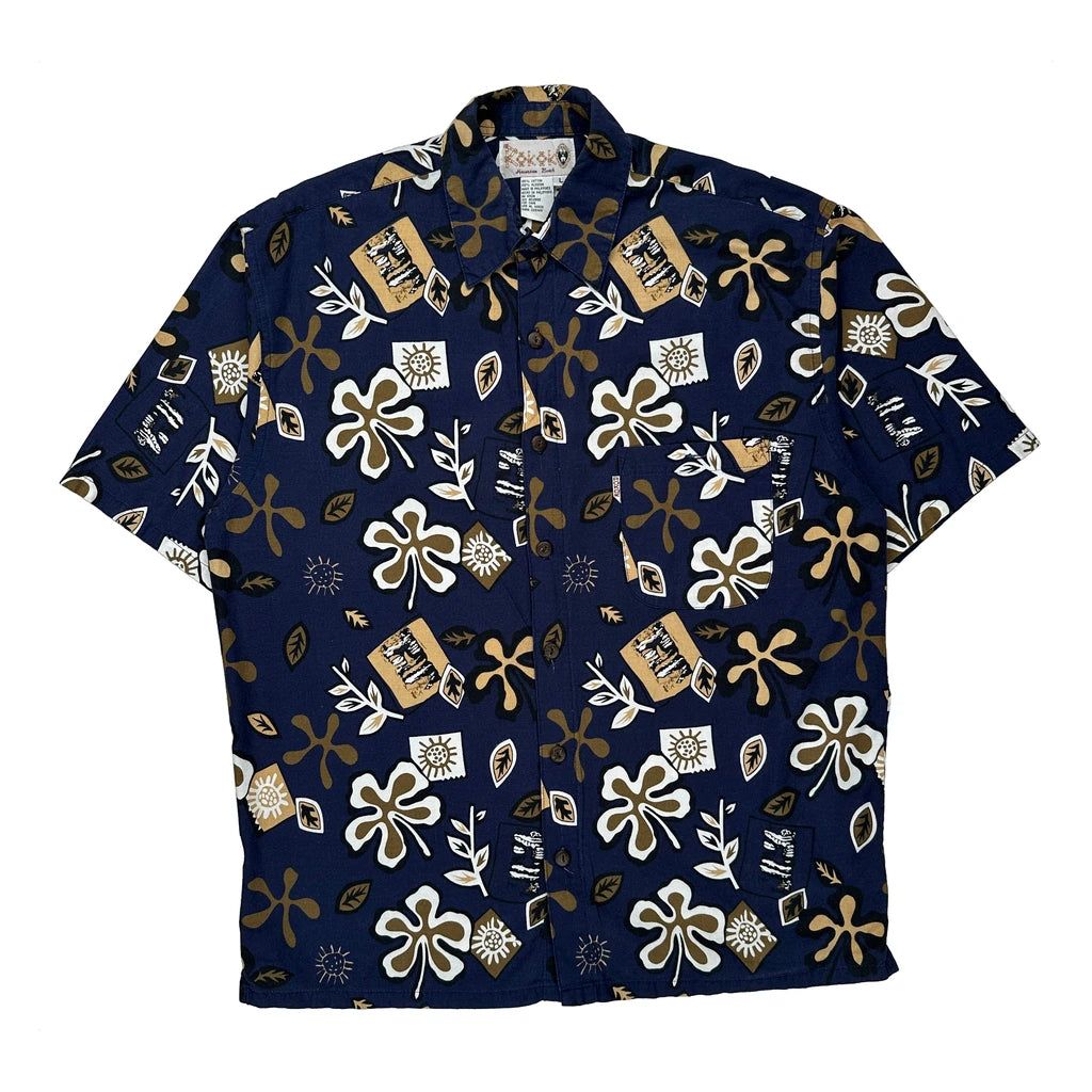 Rokok Floral Hawaiian Shirt - Large Brown Cotton