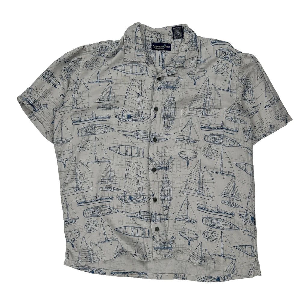 Newport Blue Graphic Hawaiian Shirt - Large White Viscose