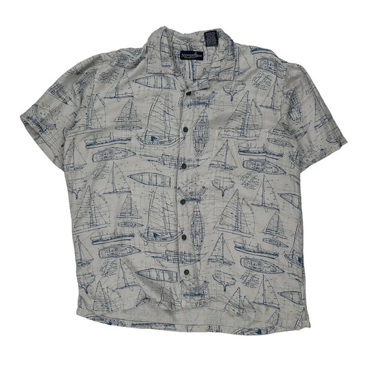 Newport Blue Graphic Hawaiian Shirt - Large White Viscose