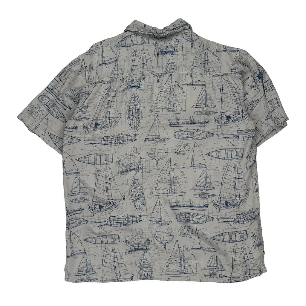 Newport Blue Graphic Hawaiian Shirt - Large White Viscose