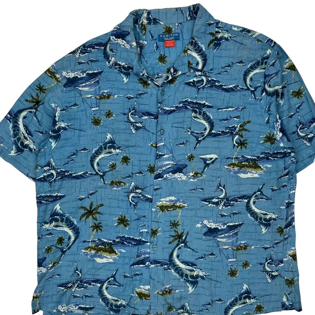 Puritan Graphic Hawaiian Shirt - XL Blue Viscose