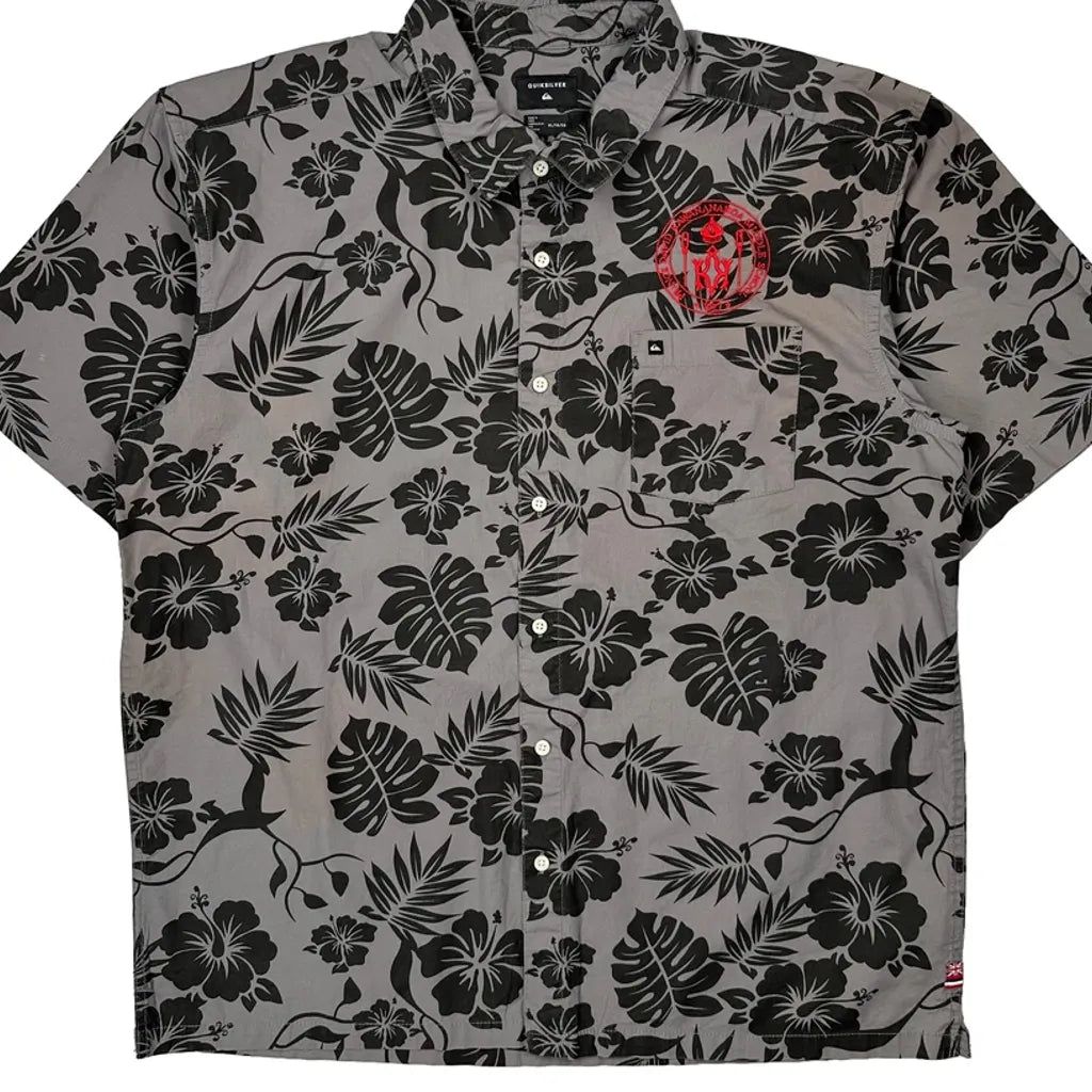 Quiksilver Floral Hawaiian Shirt - XL Grey Cotton