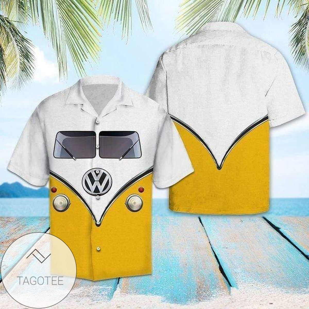 Vibrant Yellow Camping Car Design On Premium Hawaiian Shirt