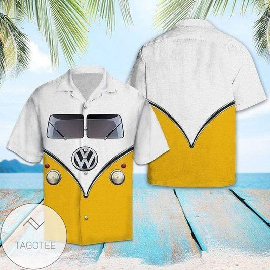 Vibrant Yellow Camping Car Design On Premium Hawaiian Shirt