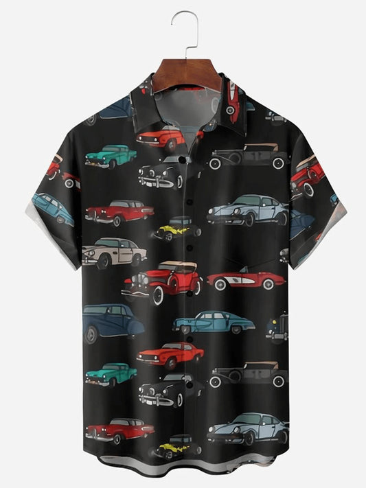 Vintage Car Chest Pocket Men's Trendy Hawaiian Shirts