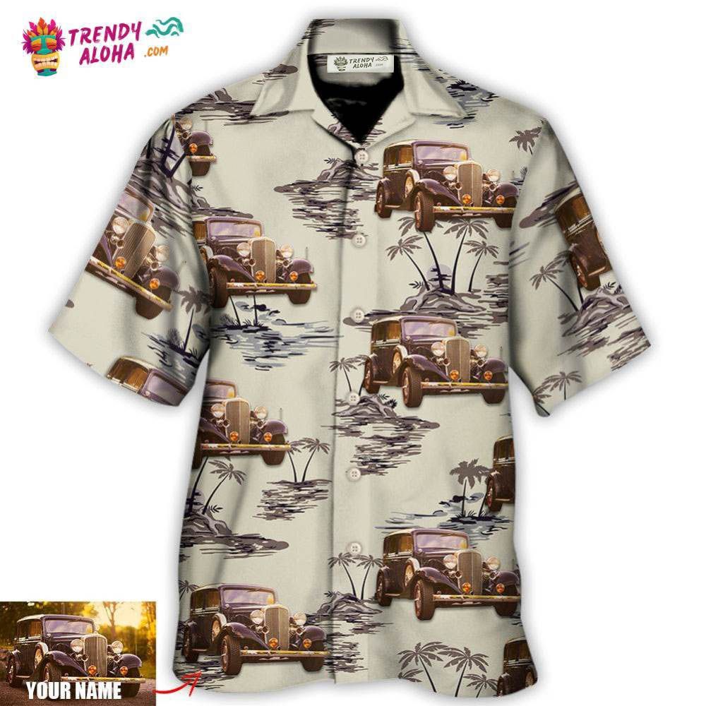 Vintage Car Deserted Island Pattern With Palm Trees Custom Photo Hawaiian Shirt - Trendy Aloha