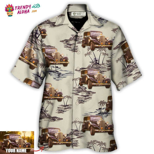 Vintage Car Deserted Island Pattern With Palm Trees Custom Photo Hawaiian Shirt - Trendy Aloha