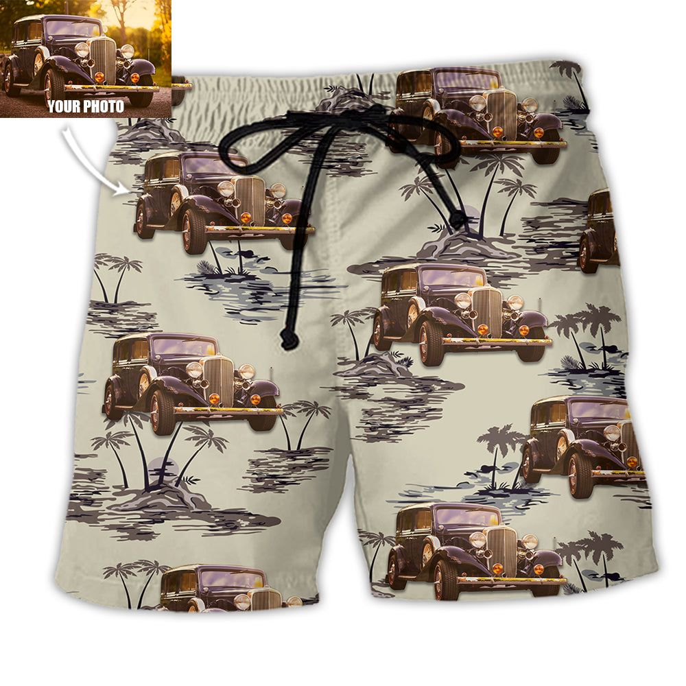 Vintage Car Deserted Island Pattern With Palm Trees Custom Photo Trendy Aloha Hawaiian Beach Shorts