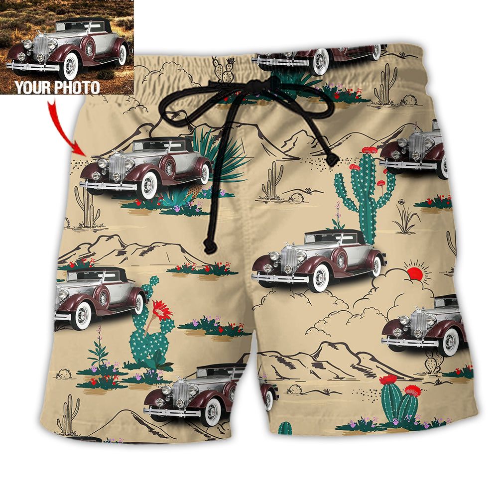 Vintage Car On The Desert Basic Style Custom Photo Trendy Aloha Hawaiian Beach Shorts
