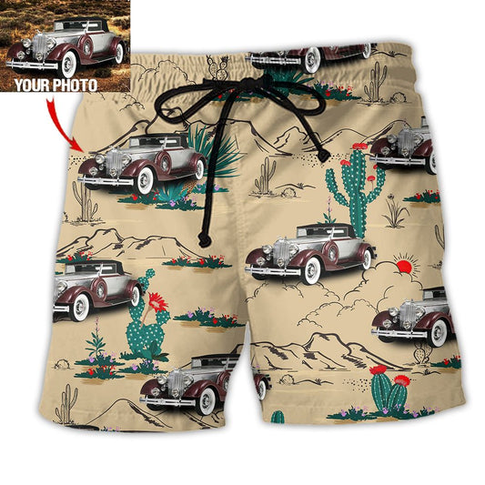 Vintage Car On The Desert Basic Style Custom Photo Trendy Aloha Hawaiian Beach Shorts