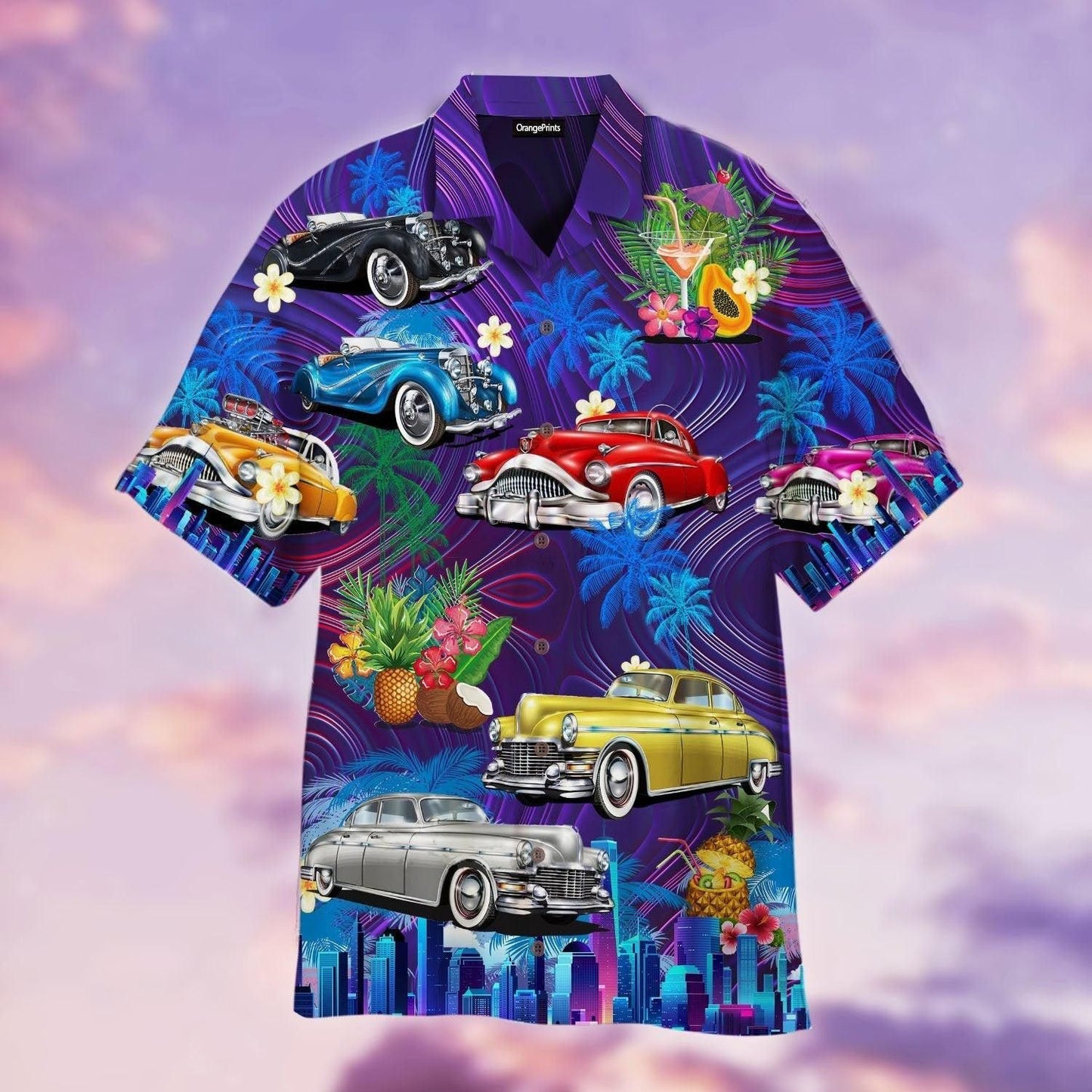 Vintage Hot Rod Car Sunset Beach Trendy Hawaiian Shirt For