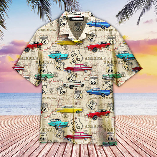 Vintage Muscle Car On Route 66 Aloha Trendy Hawaiian Shirts For Men & For Women