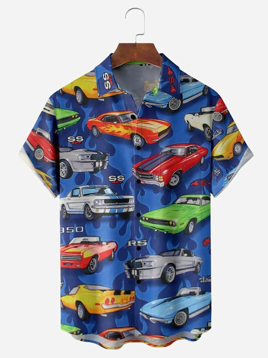 Vintage Sports Car Chest Pocket Men's Trendy Hawaiian Shirts