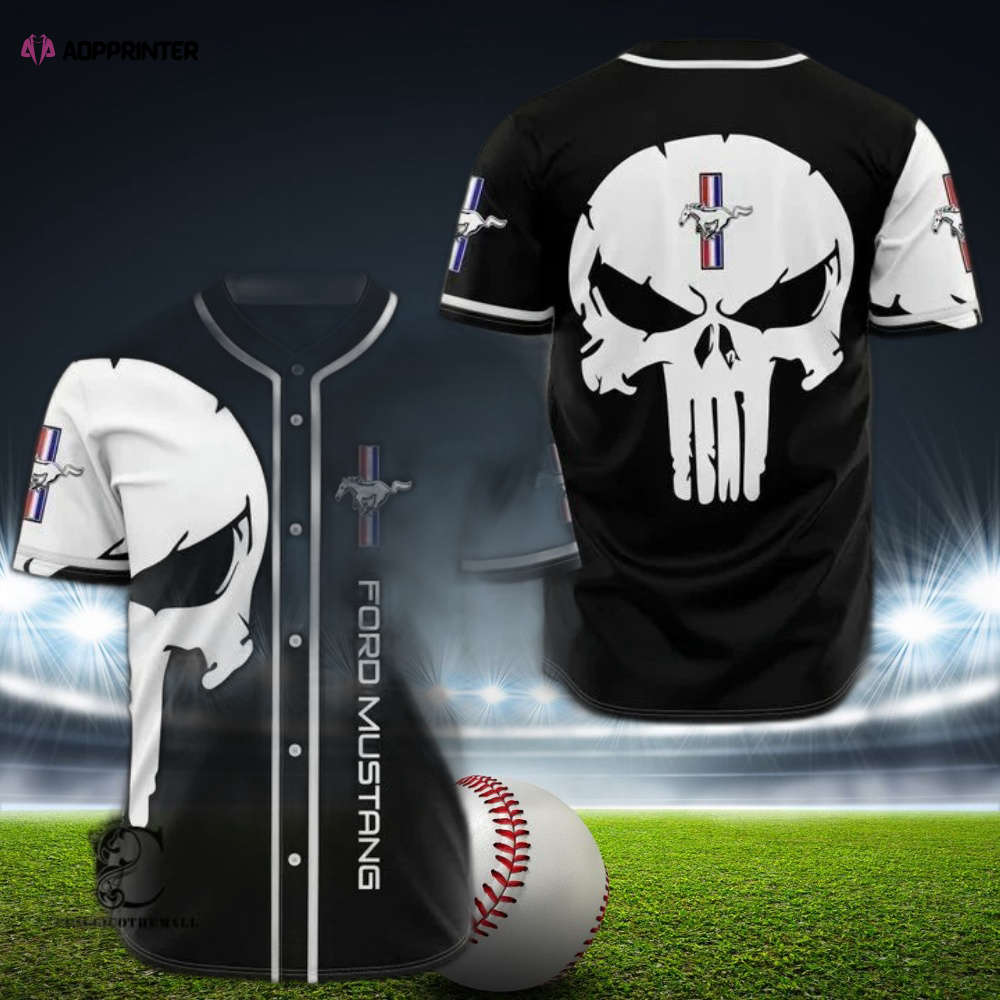 White Black Mustang Skull Baseball Jersey: Edgy Style for Sports Enthusiasts