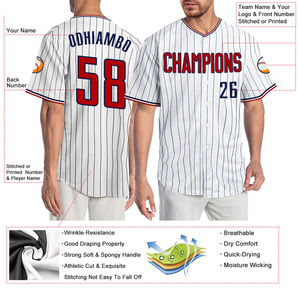 Custom White Navy Pinstripe Red-Navy Authentic Baseball Jersey