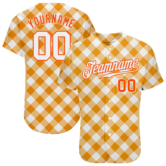 Custom White White-Orange 3D Pattern Design Orange Plaid Authentic Baseball Jersey