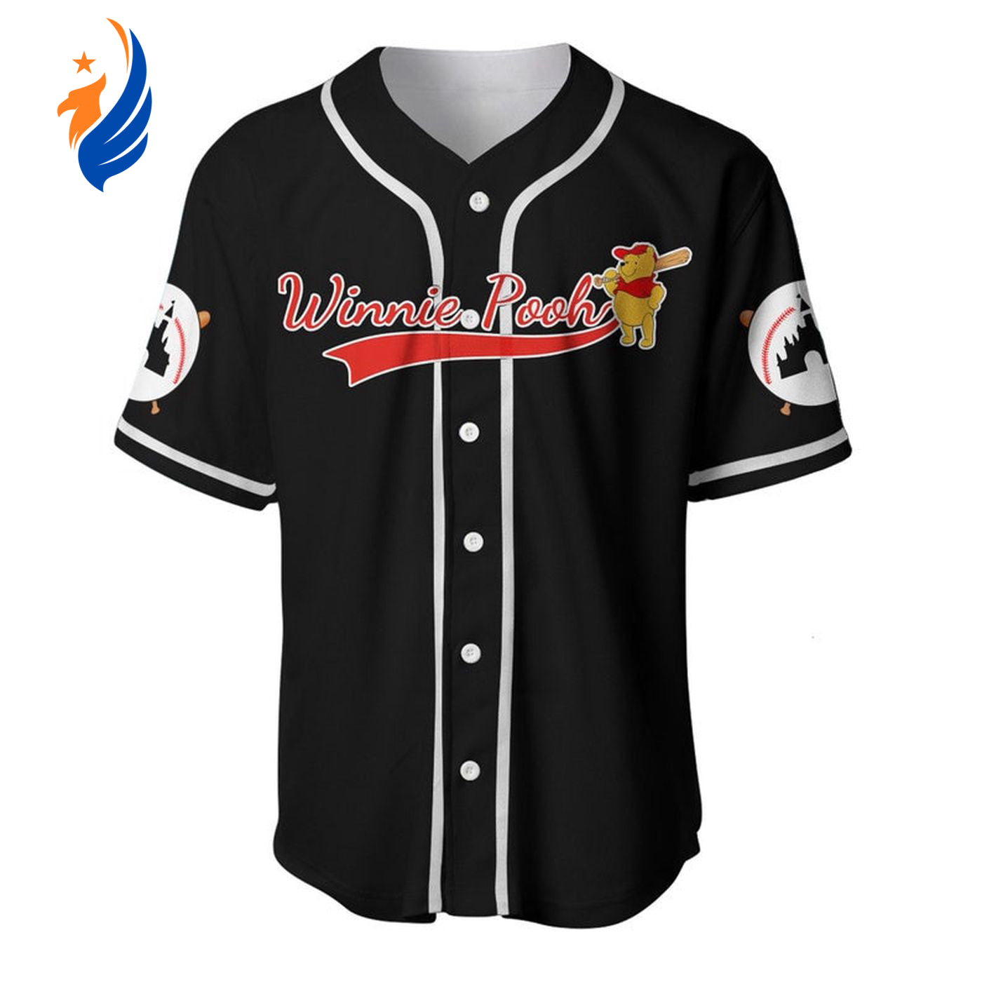 Winnie Pooh Cartoon Graphics Unisex Baseball Jersey - Black - All Over Print Shirt - Bafud